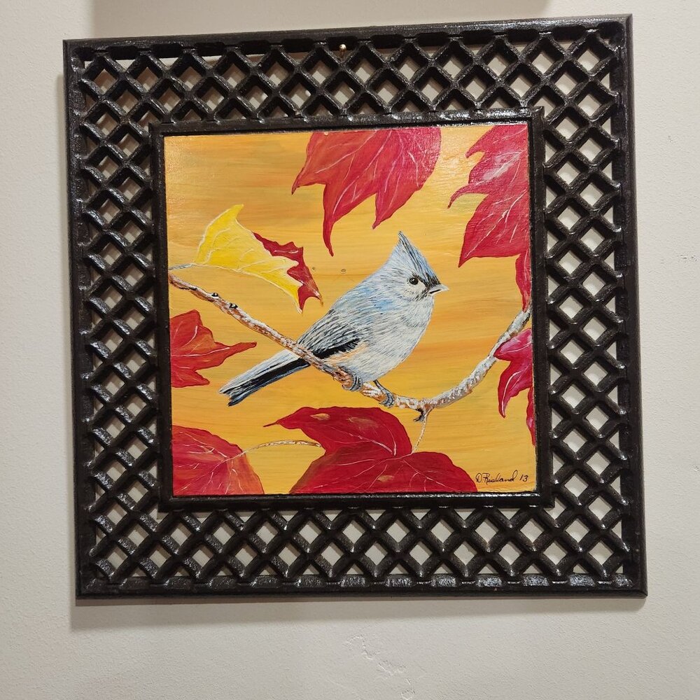 Hand-Painted Bird & Autumn Leaves Artwork In Black Lattice Frame By D. Risland